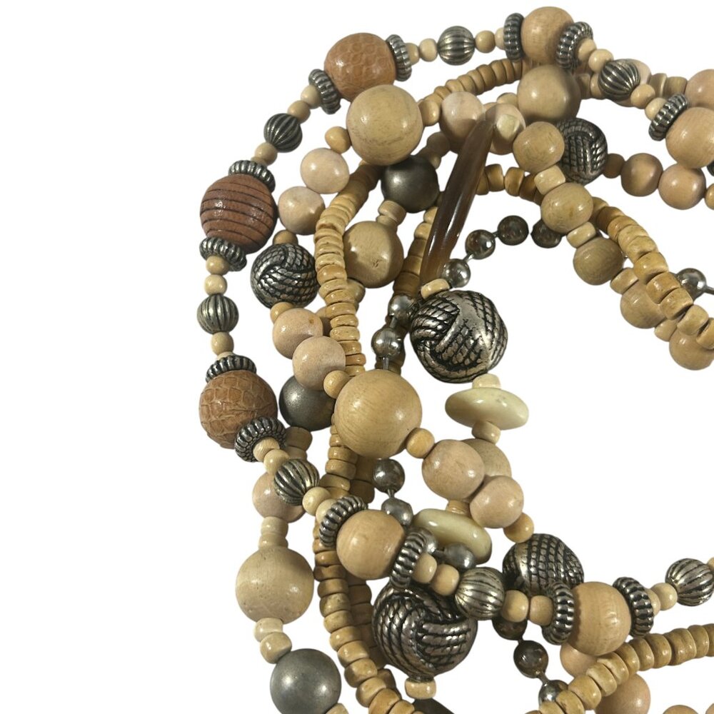 Multi Strand Beaded Necklace Wood Metal Brown Silver Tone Tribal Boho Earth Tone - Picture 7 of 9